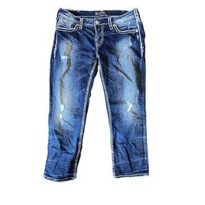 holy kamoly >.< | dark wash Y2K denim rhinestone bedazzled low rise capri jeans